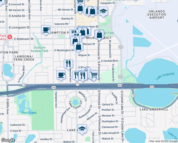 map of restaurants, bars, coffee shops, grocery stores, and more near 2600a East Church Street in Orlando