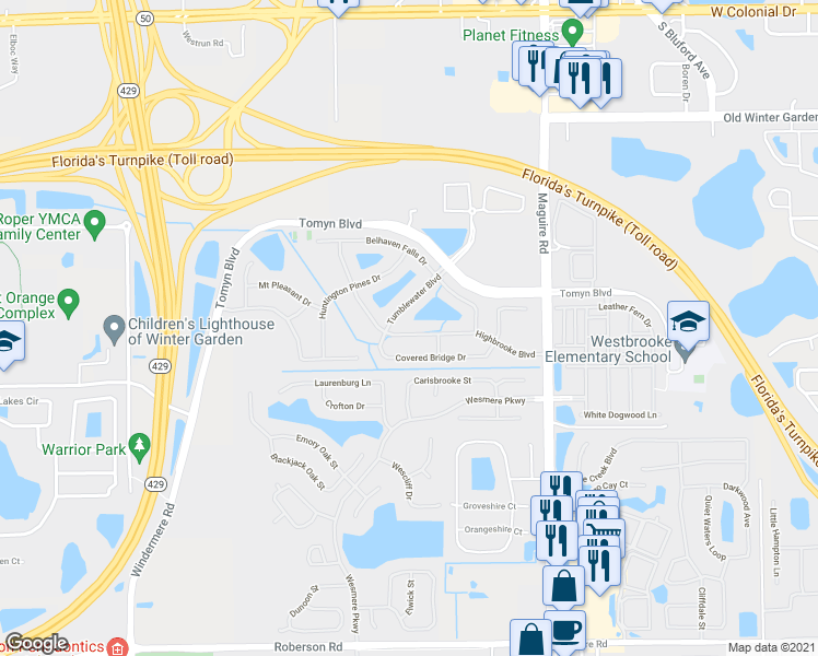 map of restaurants, bars, coffee shops, grocery stores, and more near 323 Highbrooke Boulevard in Ocoee