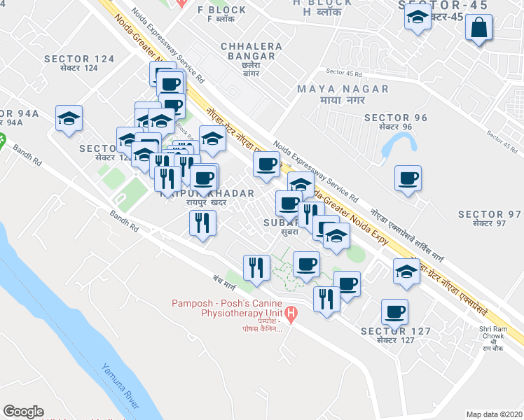 map of restaurants, bars, coffee shops, grocery stores, and more near Noida Greater Noida Express Way in Noida