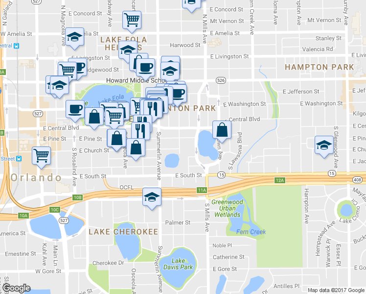 map of restaurants, bars, coffee shops, grocery stores, and more near 150 South Thornton Avenue in Orlando