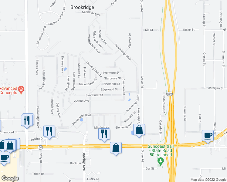 map of restaurants, bars, coffee shops, grocery stores, and more near 14336 Edgeknoll Street in Brooksville