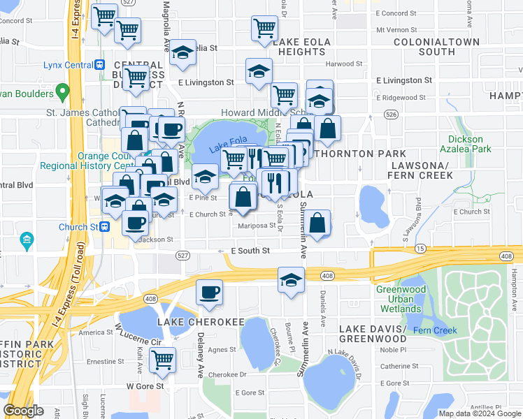 map of restaurants, bars, coffee shops, grocery stores, and more near 595 East Church Street in Orlando
