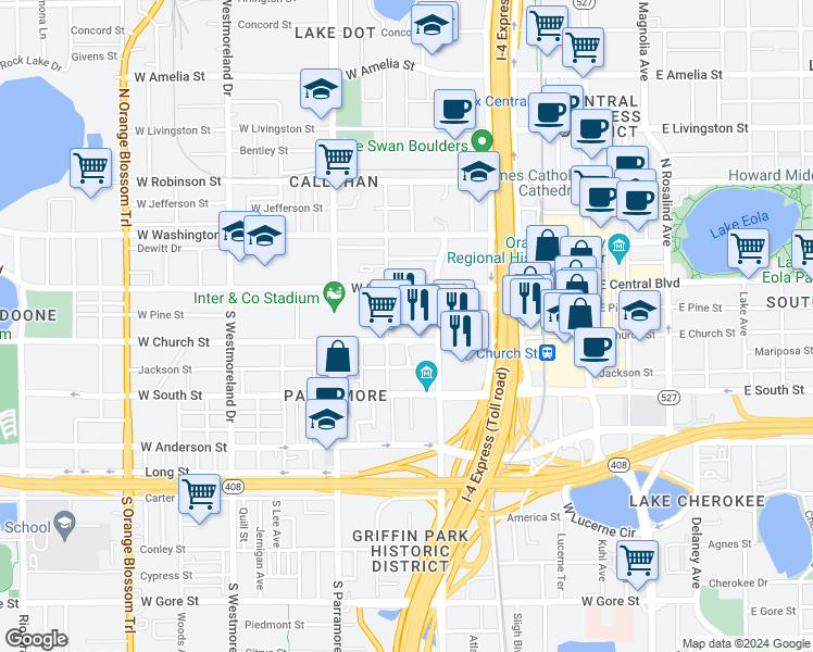map of restaurants, bars, coffee shops, grocery stores, and more near 535 West Church Street in Orlando