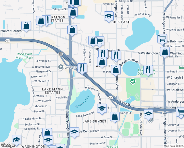 map of restaurants, bars, coffee shops, grocery stores, and more near 105 South Texas Avenue in Orlando