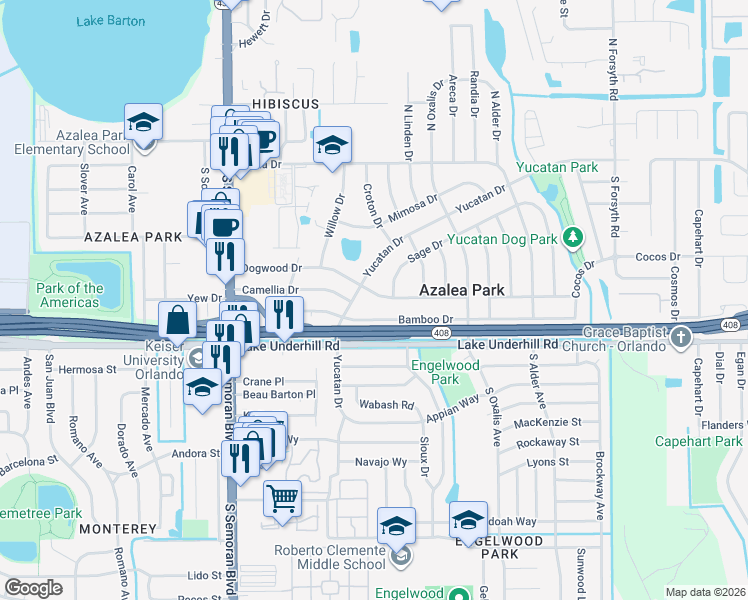 map of restaurants, bars, coffee shops, grocery stores, and more near 5940 Dogwood Drive in Orlando