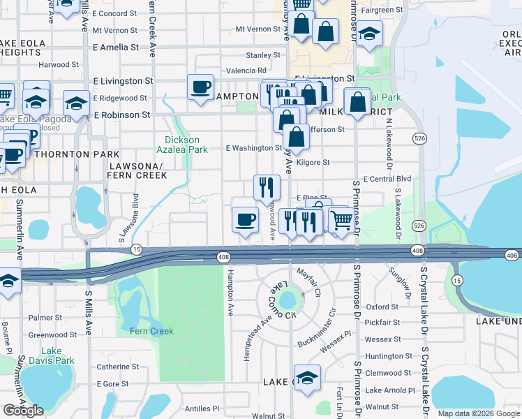 map of restaurants, bars, coffee shops, grocery stores, and more near 115 Forest Circle in Orlando