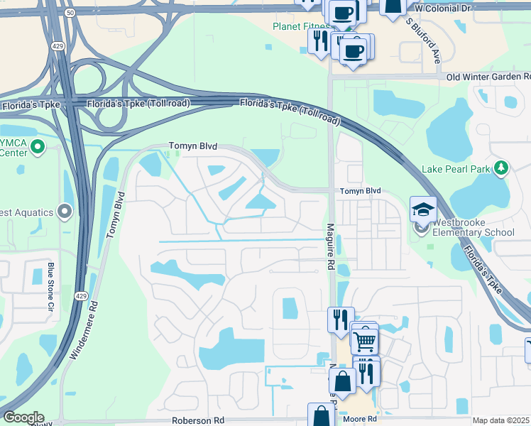 map of restaurants, bars, coffee shops, grocery stores, and more near 239 Highbrooke Boulevard in Ocoee
