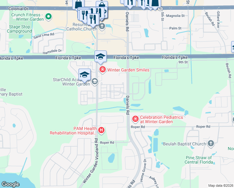 map of restaurants, bars, coffee shops, grocery stores, and more near 13266 Harbor Shore Lane in Winter Garden
