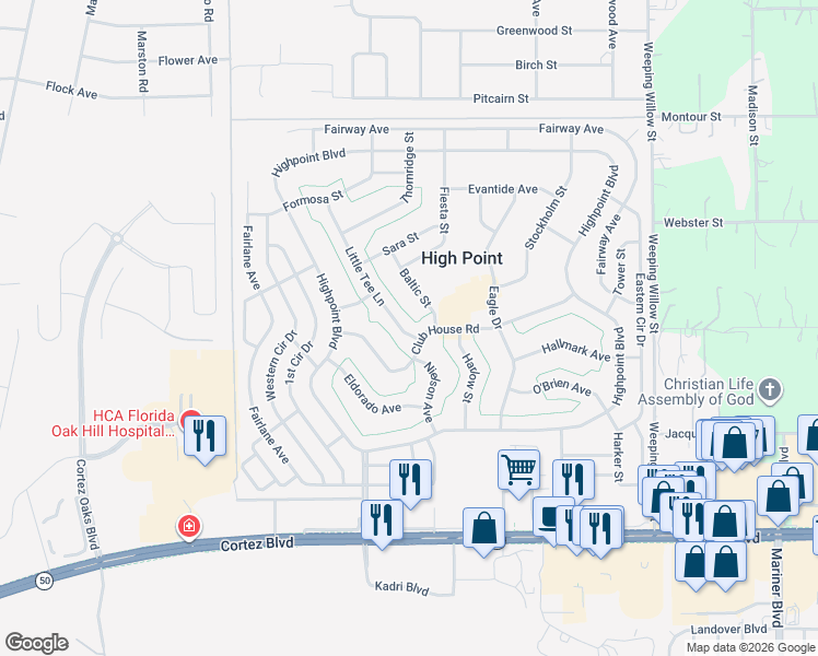 map of restaurants, bars, coffee shops, grocery stores, and more near 12186 Club House Road in Brooksville