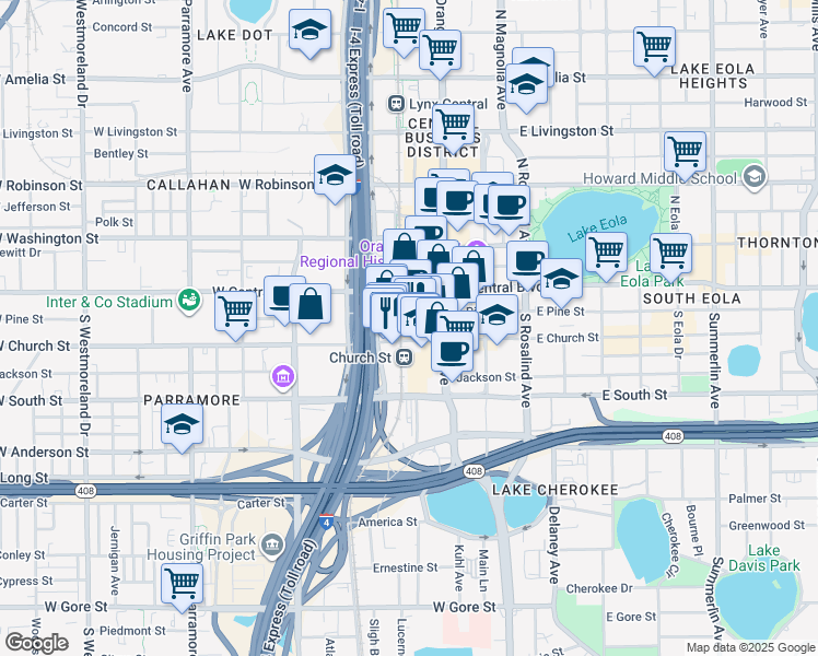 map of restaurants, bars, coffee shops, grocery stores, and more near 123 West Church Street in Orlando