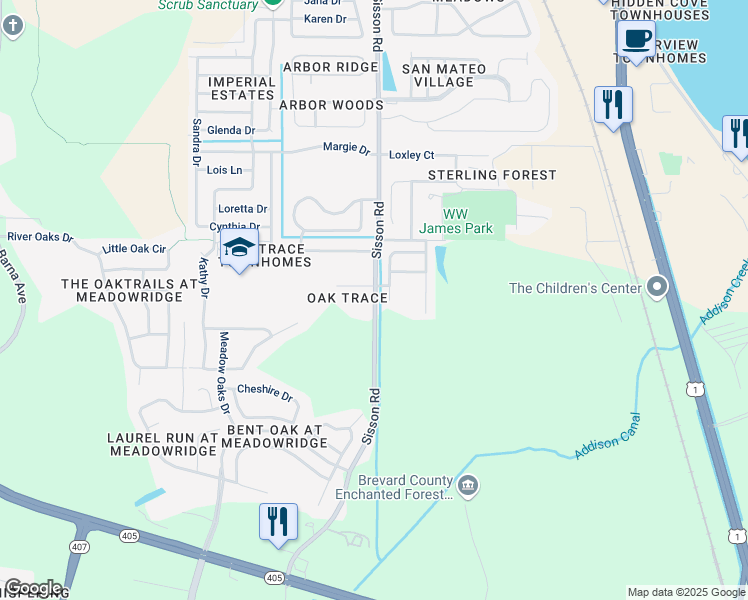 map of restaurants, bars, coffee shops, grocery stores, and more near 5620 Sisson Road in Titusville