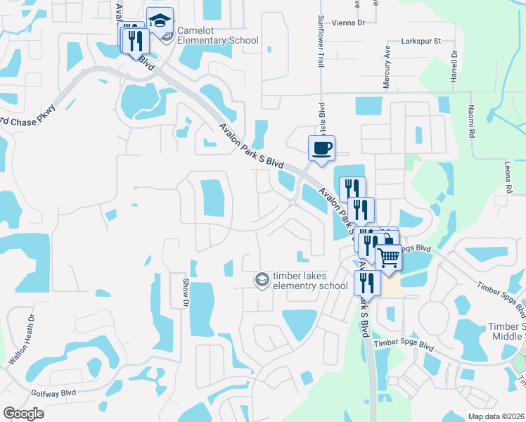 map of restaurants, bars, coffee shops, grocery stores, and more near 15210 Windmill Harbor Court in Orlando