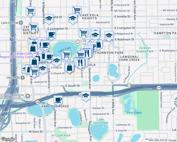 map of restaurants, bars, coffee shops, grocery stores, and more near in Orlando