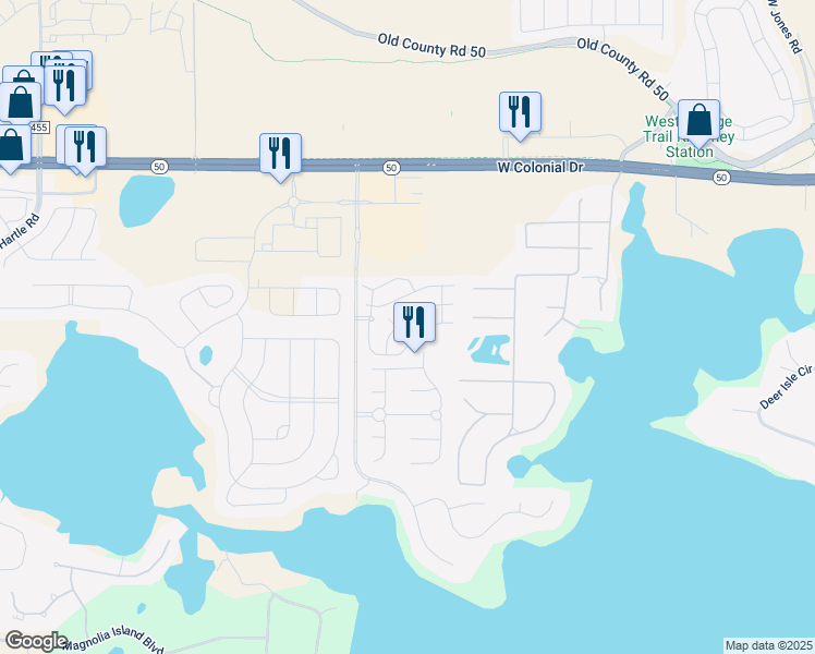 map of restaurants, bars, coffee shops, grocery stores, and more near 17350 Promenade Drive in Clermont