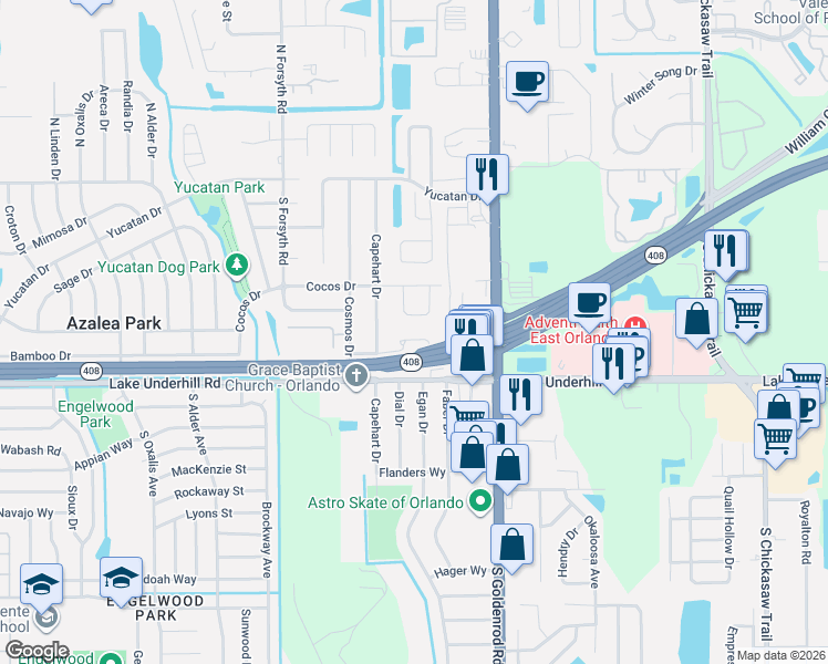map of restaurants, bars, coffee shops, grocery stores, and more near 218 Dillon Circle in Orlando
