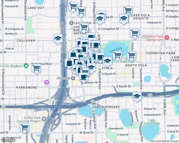 map of restaurants, bars, coffee shops, grocery stores, and more near 155 South Court Avenue in Orlando