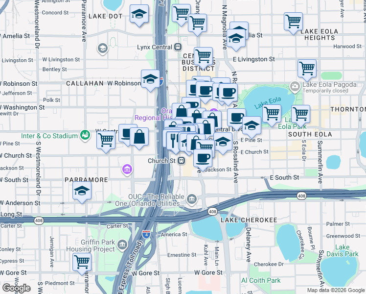 map of restaurants, bars, coffee shops, grocery stores, and more near 123 West Church Street in Orlando