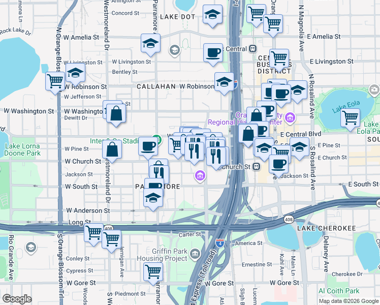 map of restaurants, bars, coffee shops, grocery stores, and more near 595 West Church Street in Orlando