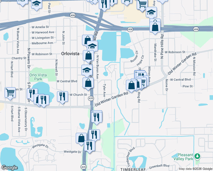 map of restaurants, bars, coffee shops, grocery stores, and more near 27 Tyler Avenue in Orlovista