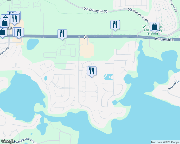 map of restaurants, bars, coffee shops, grocery stores, and more near 17350 Promenade Drive in Clermont