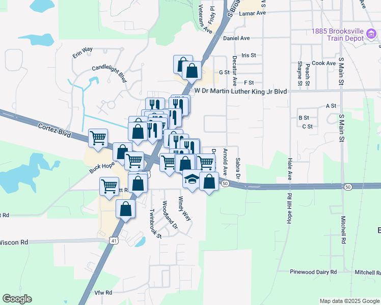map of restaurants, bars, coffee shops, grocery stores, and more near 20093 Cortez Boulevard in Brooksville