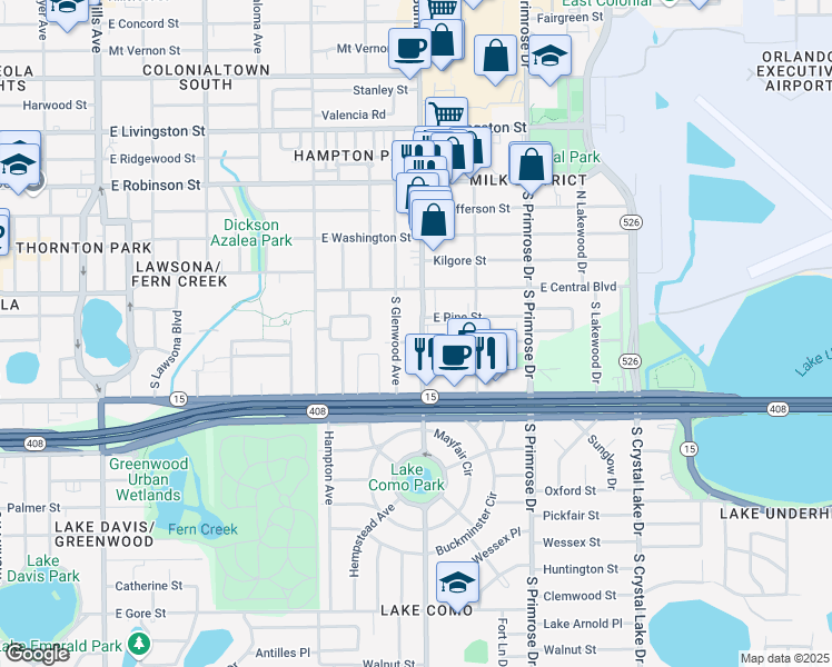 map of restaurants, bars, coffee shops, grocery stores, and more near 201 South Glenwood Avenue in Orlando