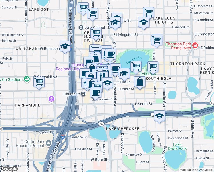 map of restaurants, bars, coffee shops, grocery stores, and more near 115 East Church Street in Orlando