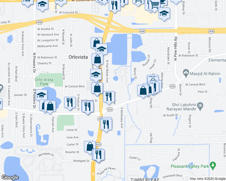 map of restaurants, bars, coffee shops, grocery stores, and more near 18 Tyler Avenue in Orlando