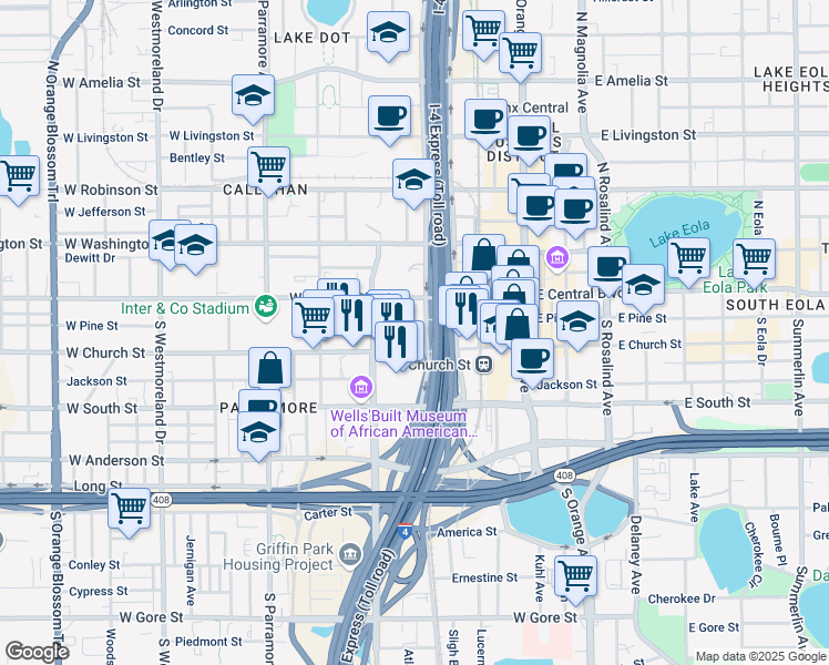 map of restaurants, bars, coffee shops, grocery stores, and more near 150 South Hughey Avenue in Orlando