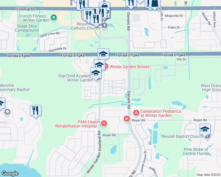 map of restaurants, bars, coffee shops, grocery stores, and more near 13762 Daniels Landing Circle in Winter Garden