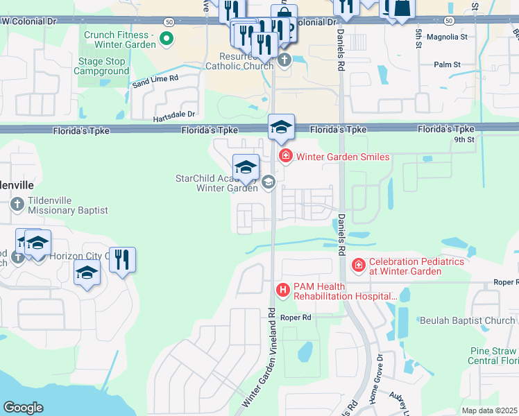 map of restaurants, bars, coffee shops, grocery stores, and more near 13800 Golden Russet in Winter Garden