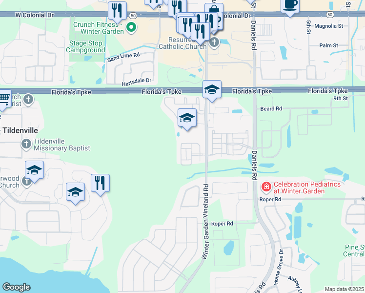 map of restaurants, bars, coffee shops, grocery stores, and more near 13896 Golden Russet Drive in Winter Garden