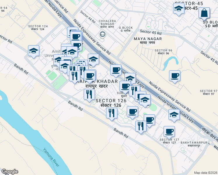 map of restaurants, bars, coffee shops, grocery stores, and more near Noida Greater Noida Express Way in Noida
