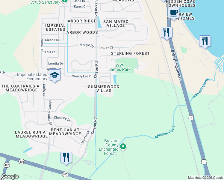 map of restaurants, bars, coffee shops, grocery stores, and more near 5673 Reagan Avenue in Titusville