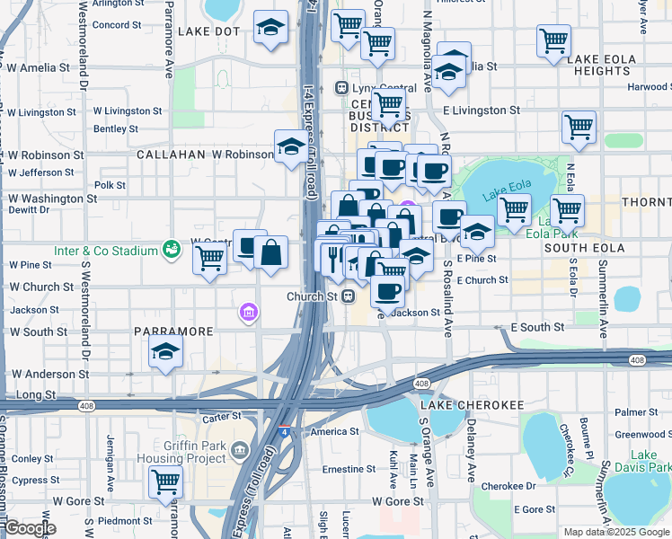 map of restaurants, bars, coffee shops, grocery stores, and more near 123 West Church Street in Orlando