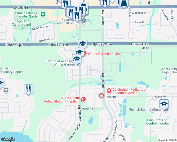 map of restaurants, bars, coffee shops, grocery stores, and more near 212 Deepcove Road in Winter Garden