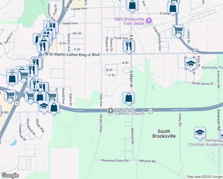 map of restaurants, bars, coffee shops, grocery stores, and more near 932 Freedom Way in Brooksville