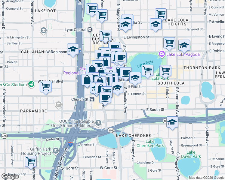 map of restaurants, bars, coffee shops, grocery stores, and more near 155 South Court Avenue in Orlando