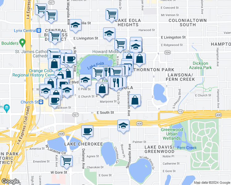 map of restaurants, bars, coffee shops, grocery stores, and more near 595 East Church Street in Orlando