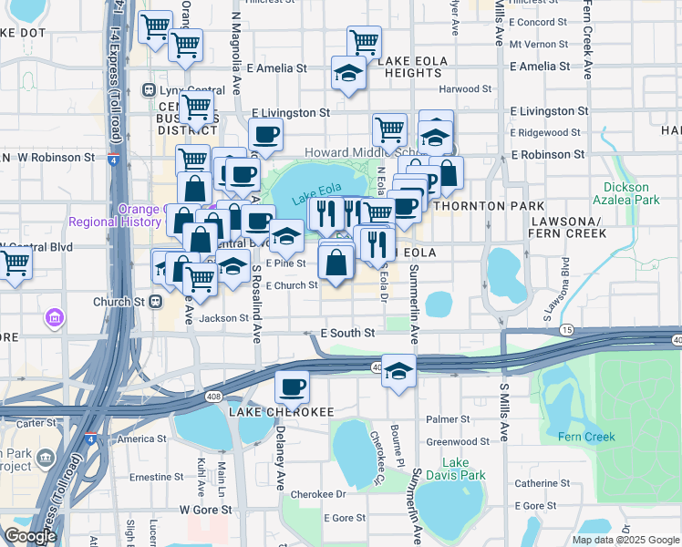 map of restaurants, bars, coffee shops, grocery stores, and more near 420 East Church Street in Orlando