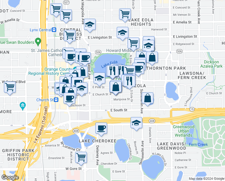 map of restaurants, bars, coffee shops, grocery stores, and more near 420 East Church Street in Orlando