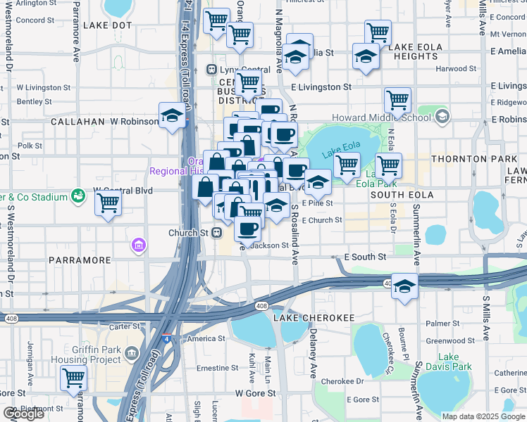 map of restaurants, bars, coffee shops, grocery stores, and more near 155 South Court Avenue in Orlando