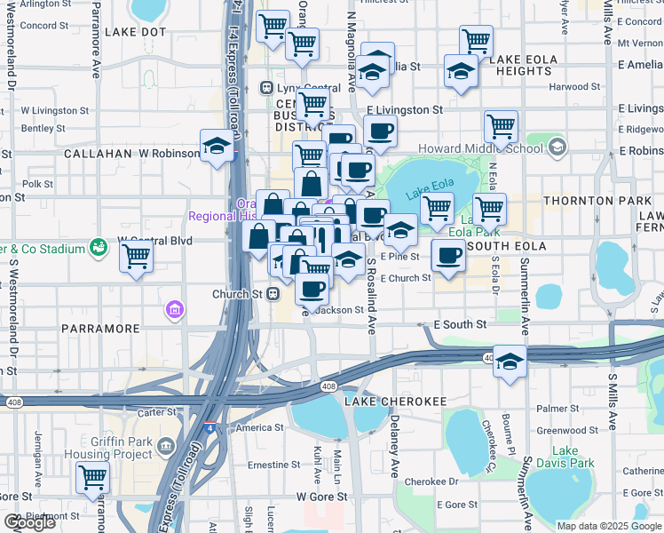 map of restaurants, bars, coffee shops, grocery stores, and more near 155 South Court Avenue in Orlando