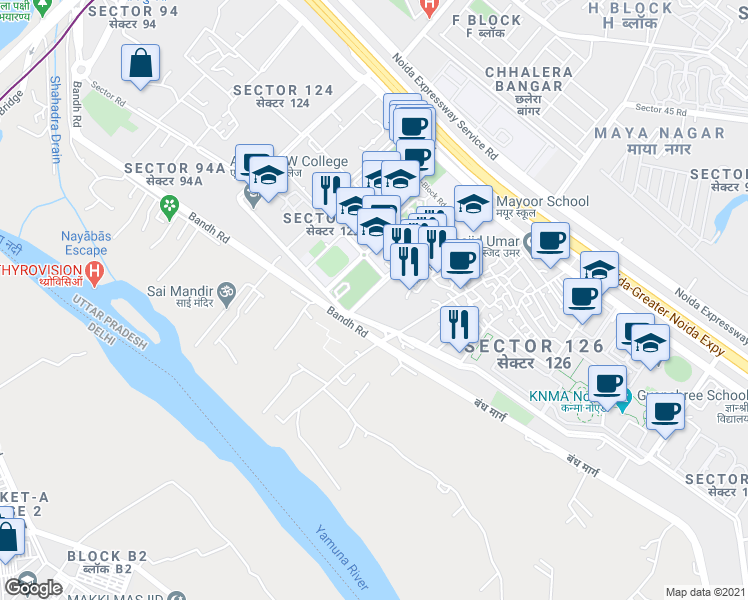 map of restaurants, bars, coffee shops, grocery stores, and more near in Noida