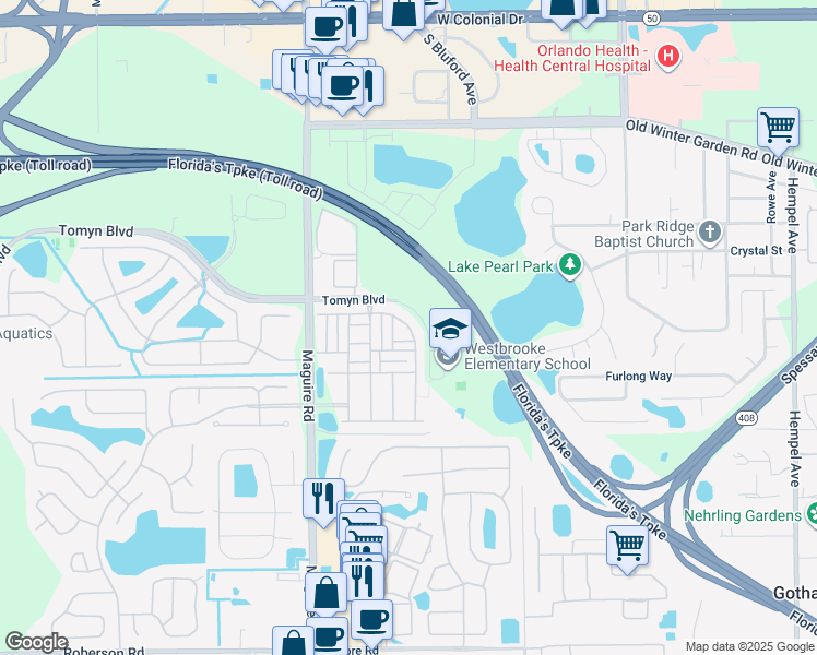 map of restaurants, bars, coffee shops, grocery stores, and more near 2028 Leather Fern Drive in Ocoee