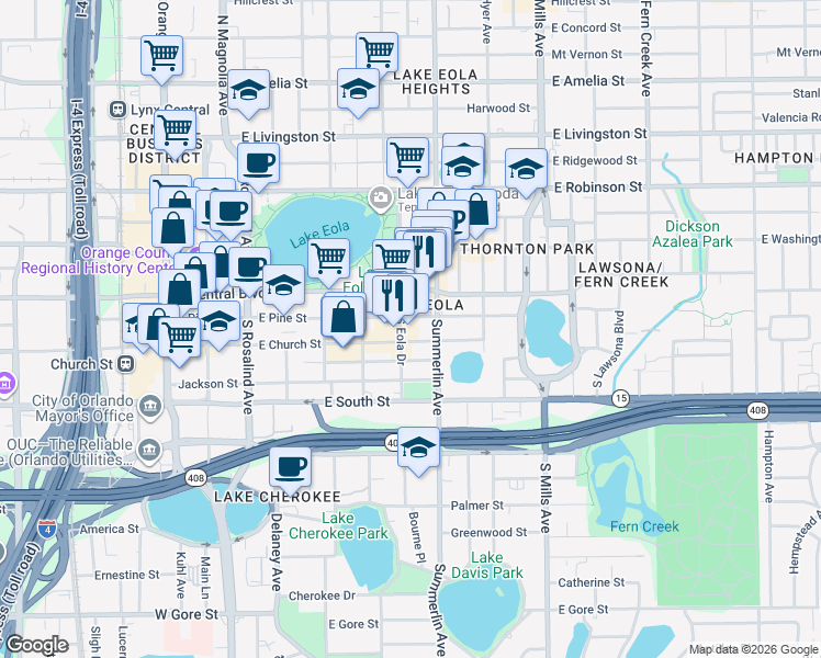 map of restaurants, bars, coffee shops, grocery stores, and more near in Orlando