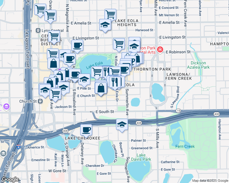 map of restaurants, bars, coffee shops, grocery stores, and more near 595 East Church Street in Orlando
