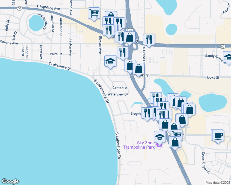 map of restaurants, bars, coffee shops, grocery stores, and more near 798 South Waterview Drive in Clermont
