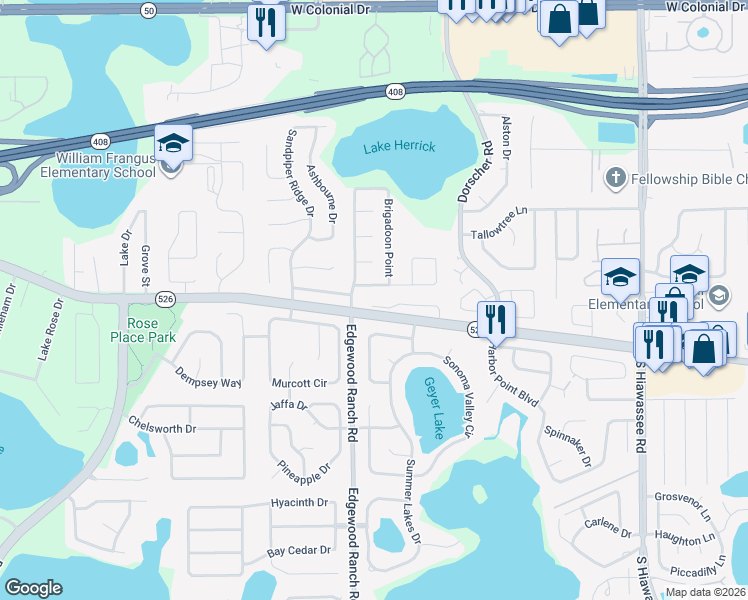 map of restaurants, bars, coffee shops, grocery stores, and more near 243 Garden Cove Court in Orlando