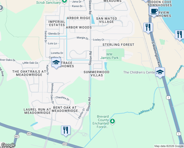 map of restaurants, bars, coffee shops, grocery stores, and more near 5620 Sisson Road in Titusville